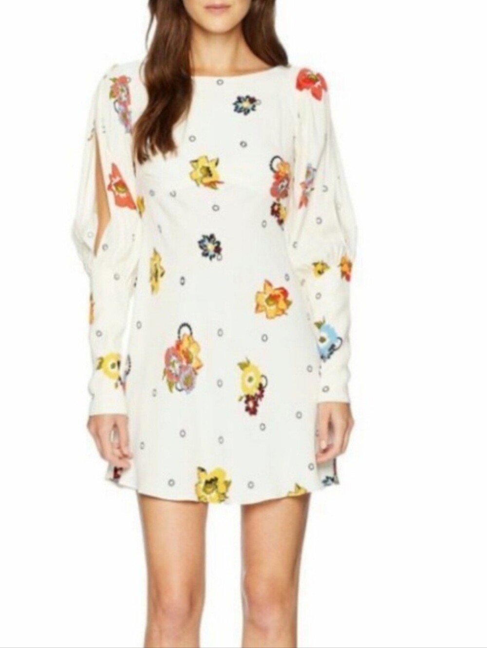 Free People ivory “Sunshadow” floral slit sleeve mini dress Size 6